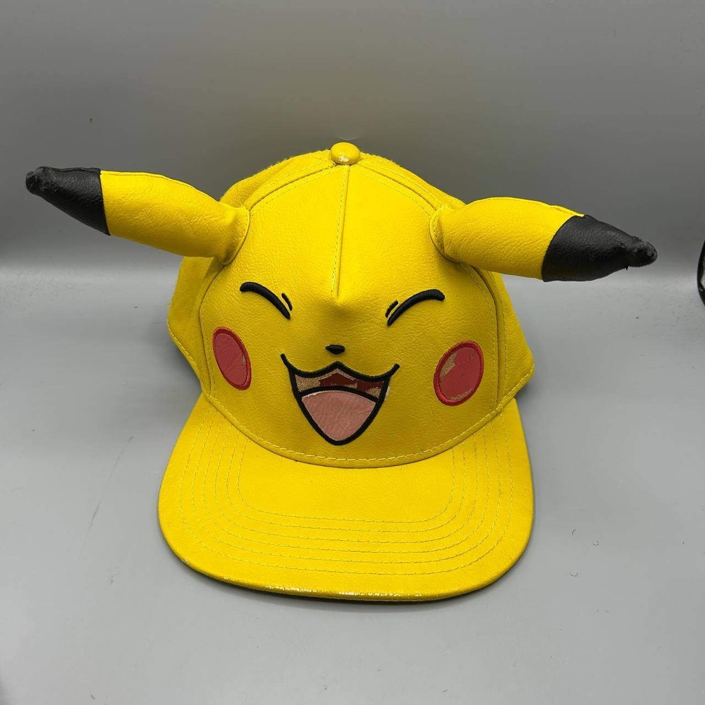 Pokemon Pikachu Hat Youth Yellow 3D Cosplay Faux Leather Snap Back Cap with Ears